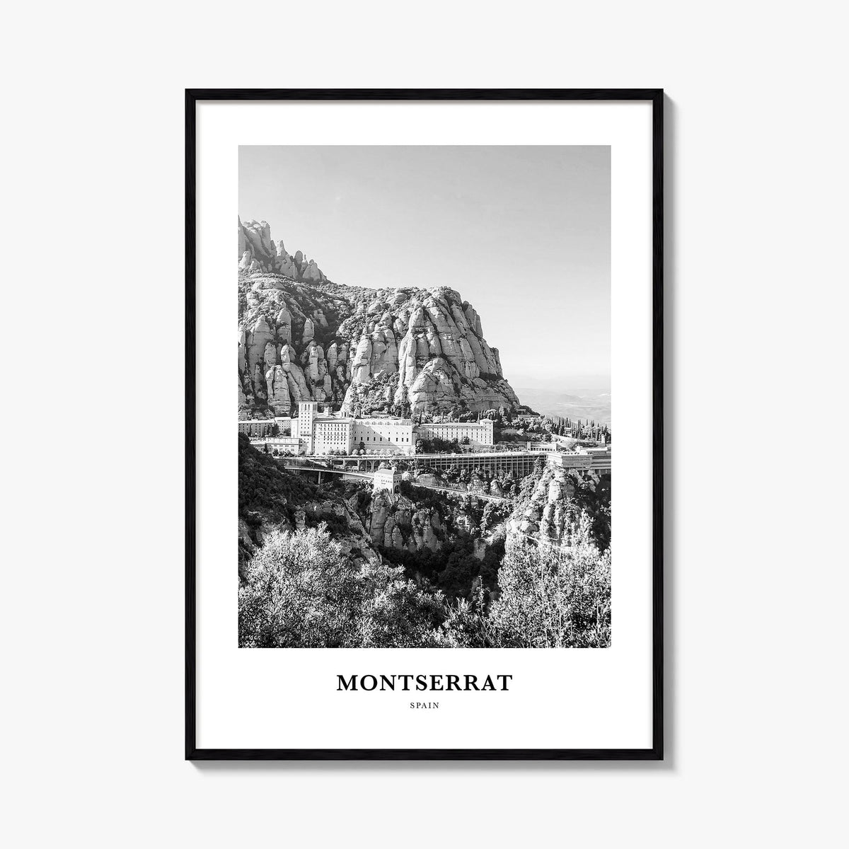 Montserrat, Spain black & white classic poster of Spain – vertical wall art, unframed print shown in interior mockup