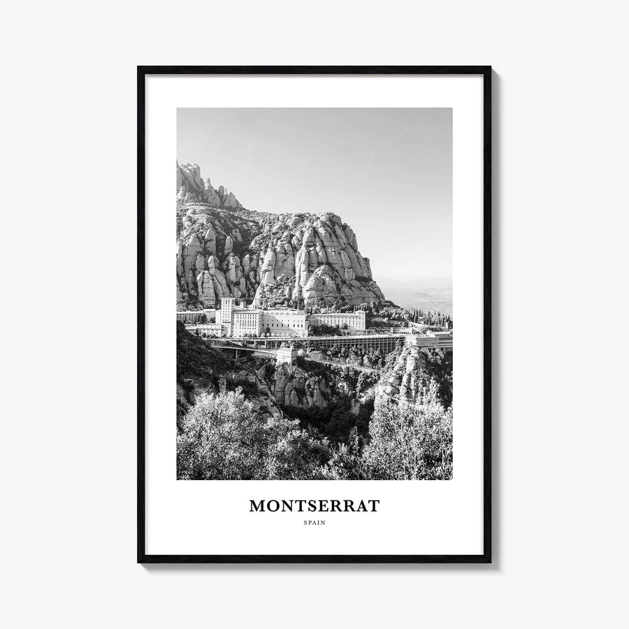 Montserrat, Spain black & white classic poster of Spain – vertical wall art, unframed print shown in interior mockup