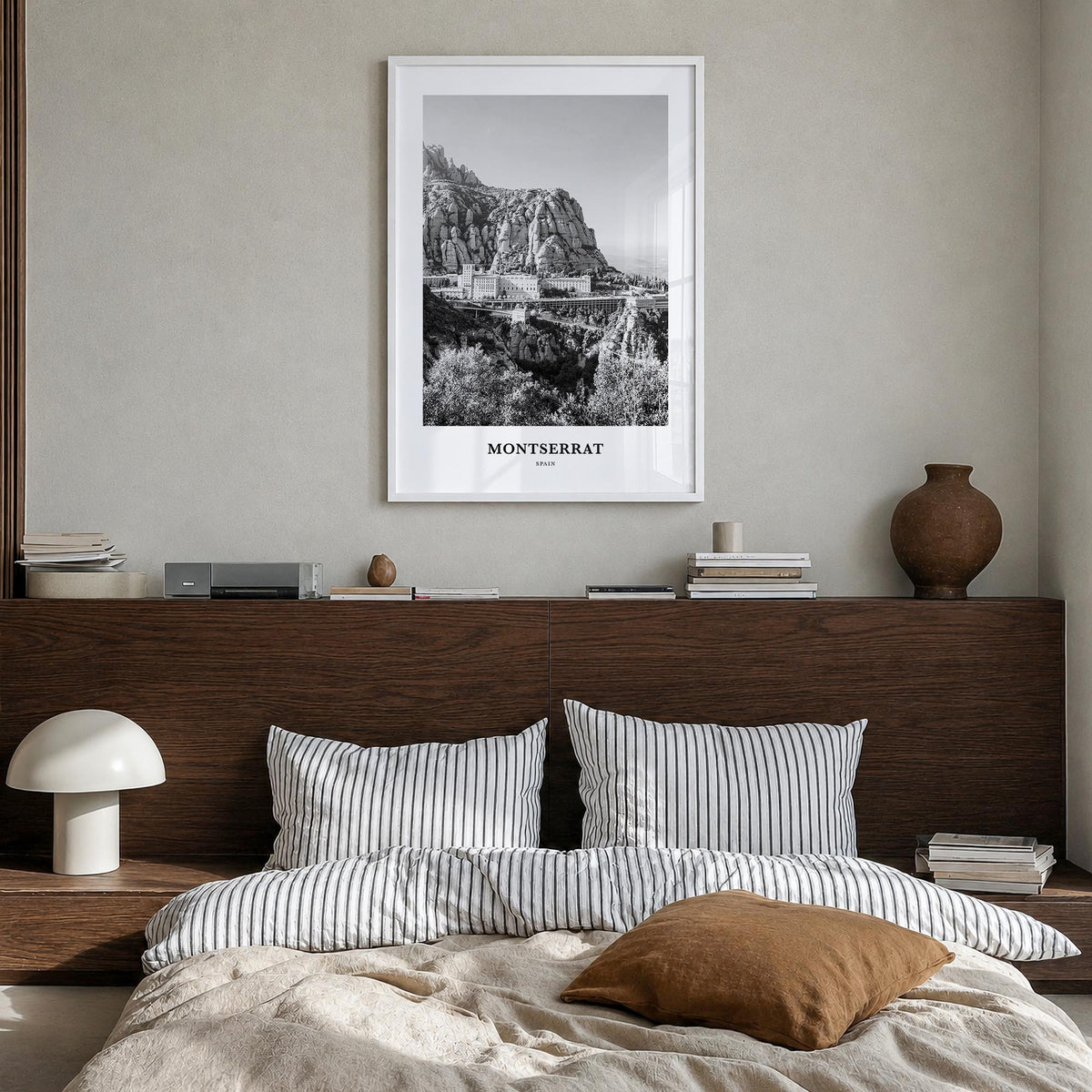 Montserrat, Spain black & white classic poster of Spain – vertical wall art in white wood frame, hanging on wall