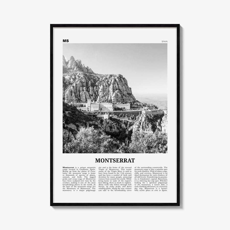 Montserrat, Spain black & white newspaper poster of Spain – vertical wall art, unframed print shown in interior mockup