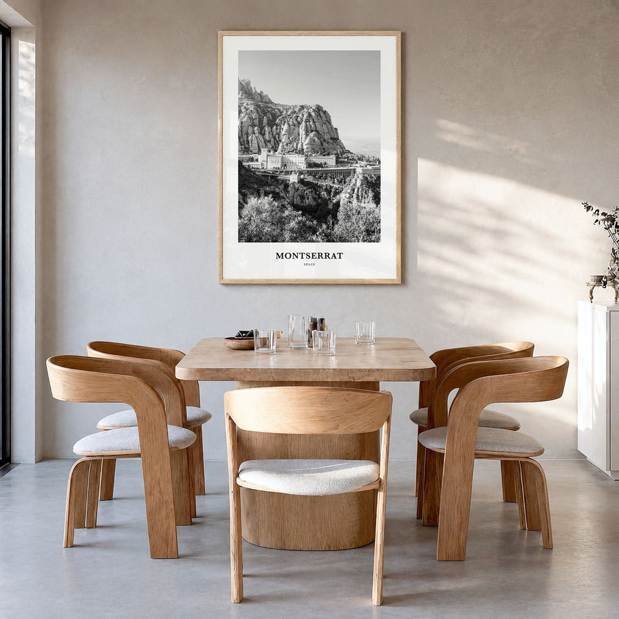 Montserrat, Spain Classic Poster in a natural wood frame, hanging in a dining room