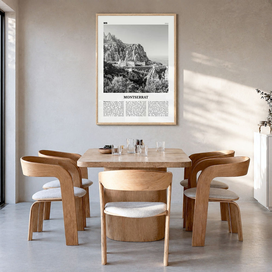 Montserrat, Spain Newspaper Poster in a natural wood frame, hanging in a dining room