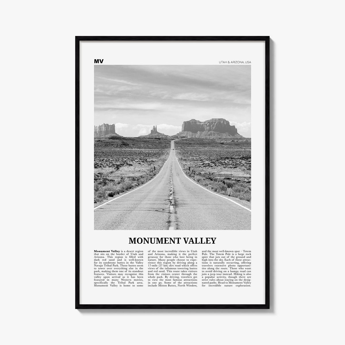 Monument Valley black & white newspaper poster of Utah & Arizona, USA – vertical wall art, unframed print shown in interior m