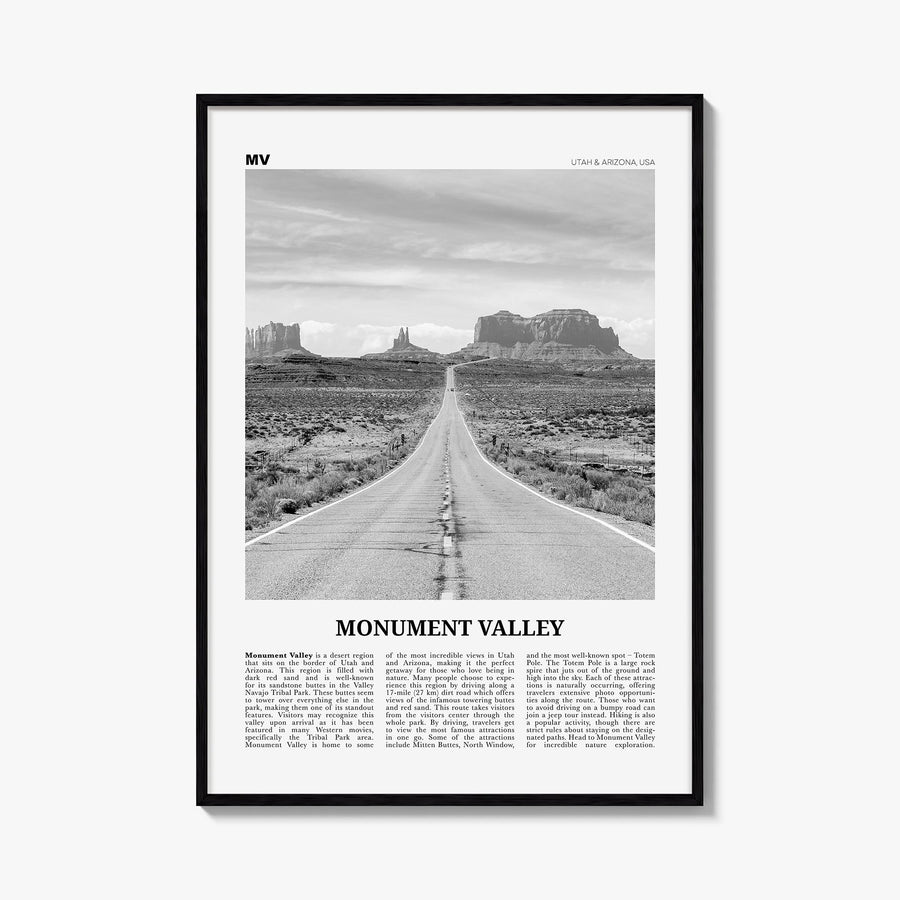 Monument Valley black & white newspaper poster of Utah & Arizona, USA – vertical wall art, unframed print shown in interior m