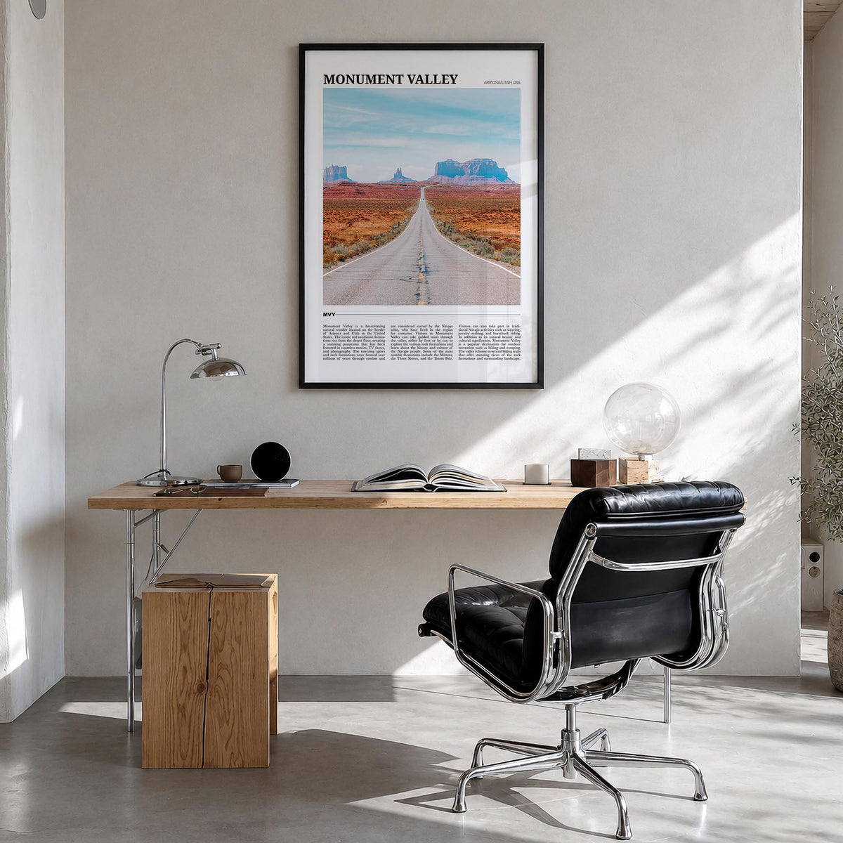 Monument Valley colorful travel poster of Utah & Arizona, USA – vertical wall art in black wood frame, hanging on wall