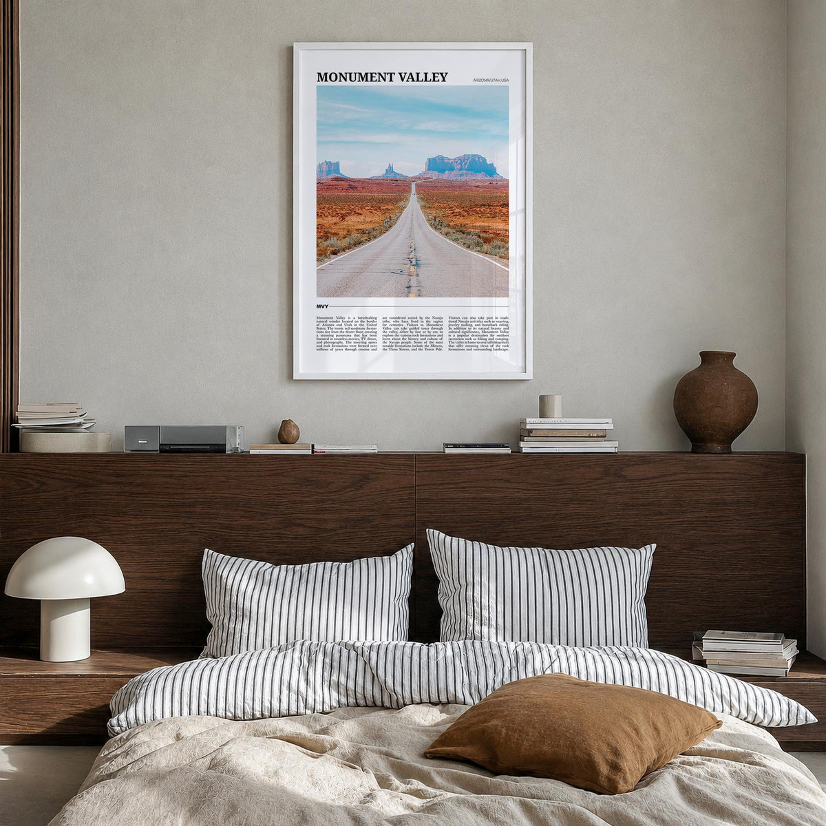 Monument Valley colorful travel poster of Utah & Arizona, USA – vertical wall art in white wood frame, hanging on wall