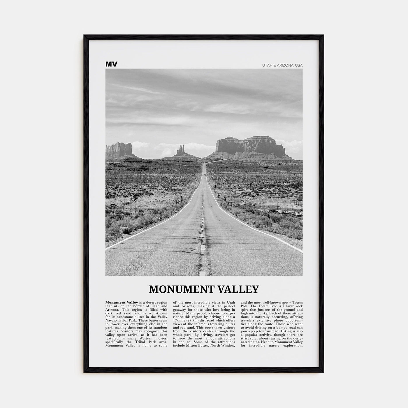 Monument Valley Poster Black Wood / 8x12 in Nbourhood Travel B&W Poster