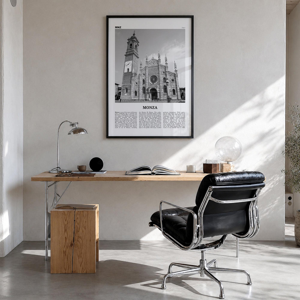 Monza black & white newspaper poster of Italy – vertical wall art in black wood frame, hanging on wall