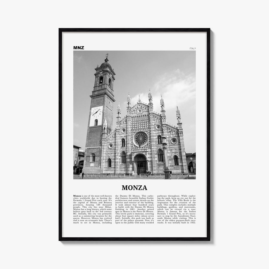Monza black & white newspaper poster of Italy – vertical wall art, unframed print shown in interior mockup