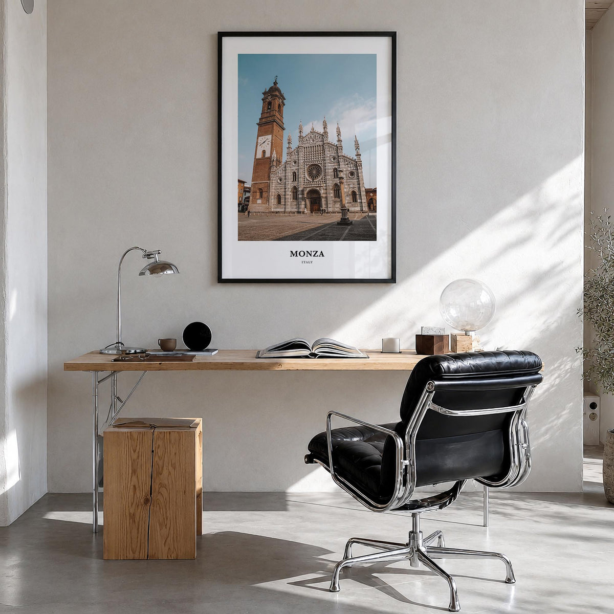 Monza colorful classic poster of Italy – vertical wall art in black wood frame, hanging on wall