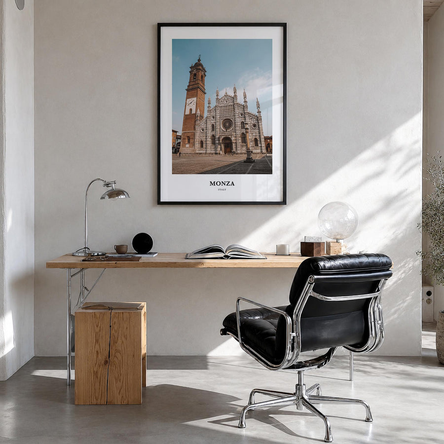 Monza colorful classic poster of Italy – vertical wall art in black wood frame, hanging on wall