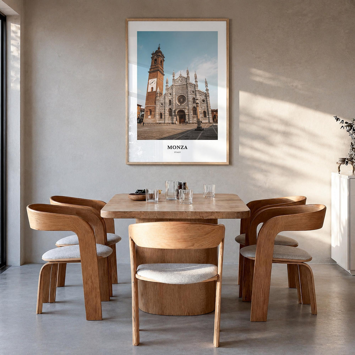 Monza colorful classic poster of Italy – vertical wall art in natural wood frame, hanging on wall