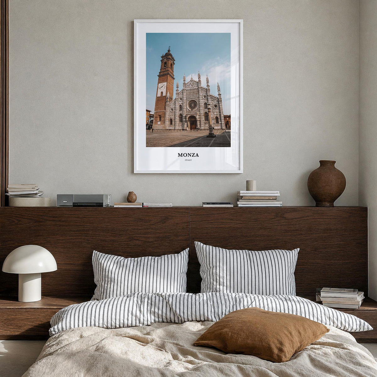 Monza colorful classic poster of Italy – vertical wall art in white wood frame, hanging on wall