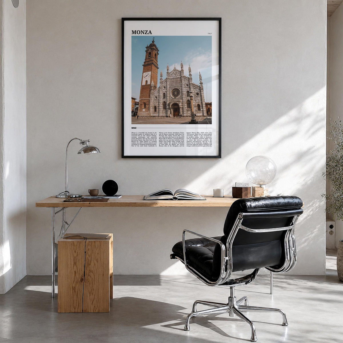 Monza colorful travel poster of Italy – vertical wall art in black wood frame, hanging on wall