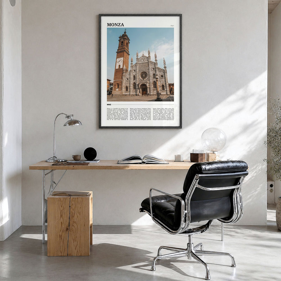Monza Travel Poster in a black wood frame, hanging in a bright home office