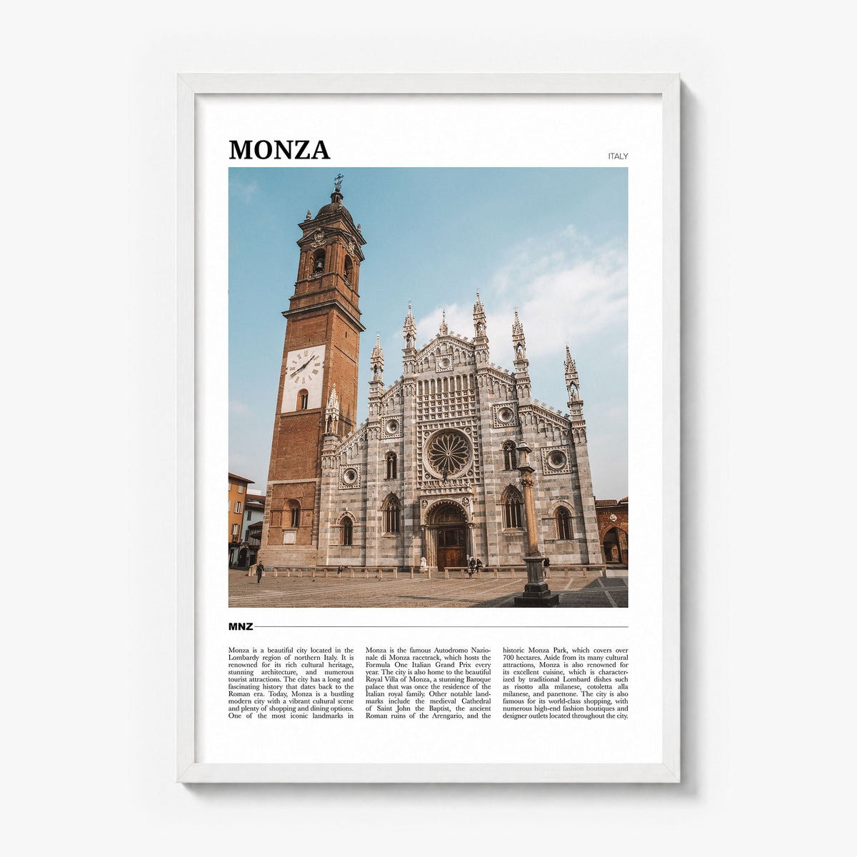 Monza Travel Poster in a white wood frame