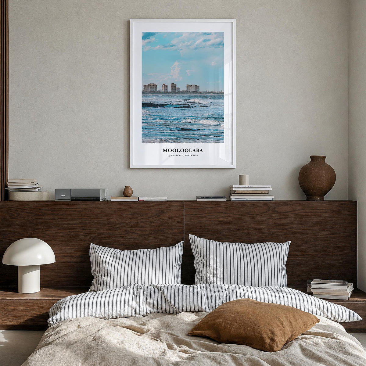Mooloolaba colorful classic poster of Australia – vertical wall art in white wood frame, hanging on wall