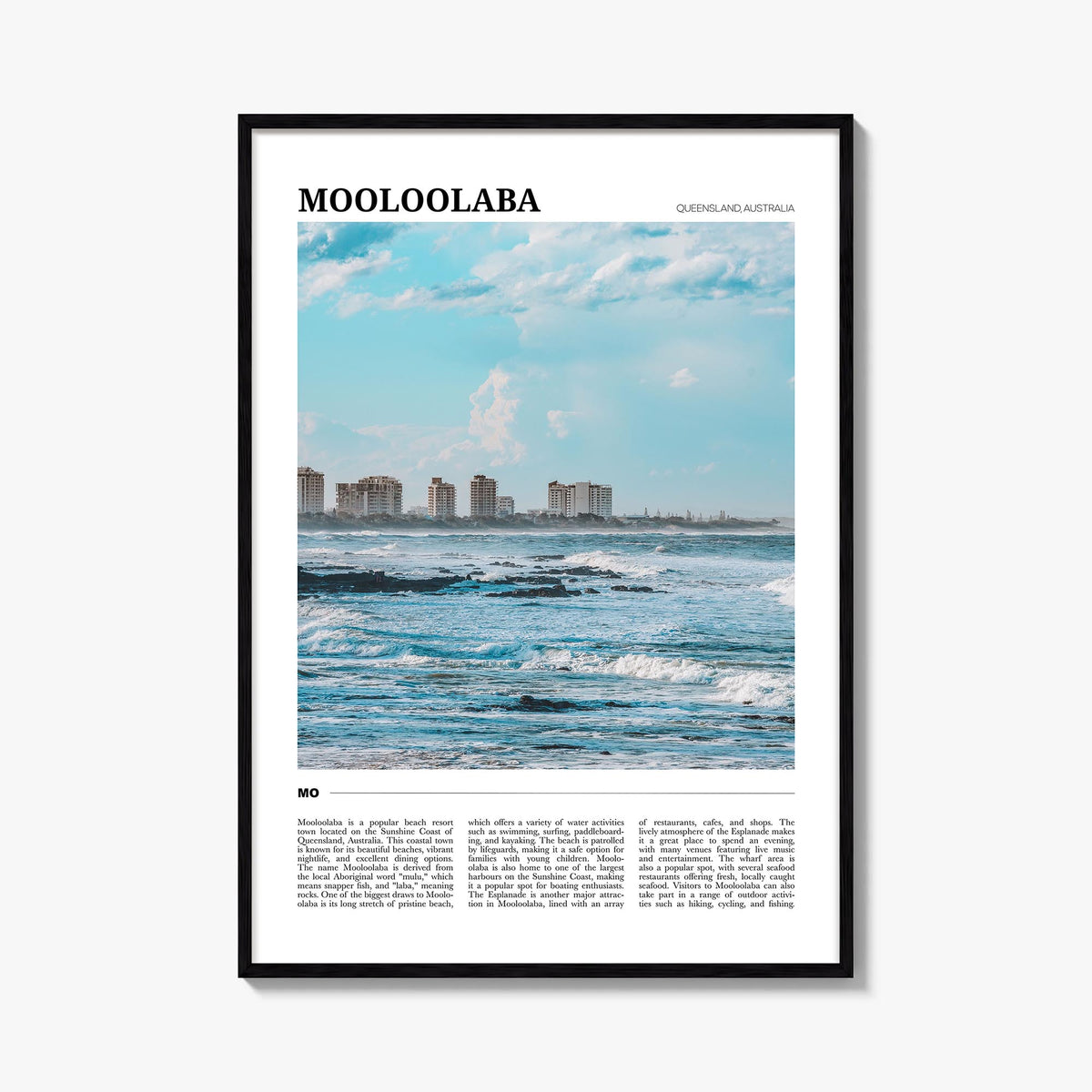 Mooloolaba colorful travel poster of Australia – vertical wall art, unframed print shown in interior mockup