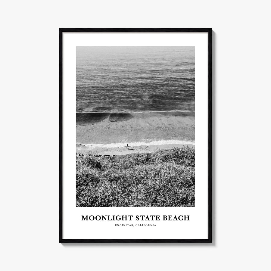 Moonlight State Beach black & white classic poster of Encinitas, California – vertical wall art, unframed print shown in inte
