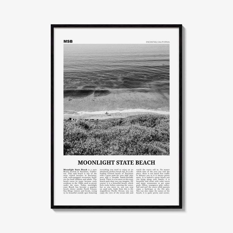 Moonlight State Beach black & white newspaper poster of Encinitas, California – vertical wall art, unframed print shown in in