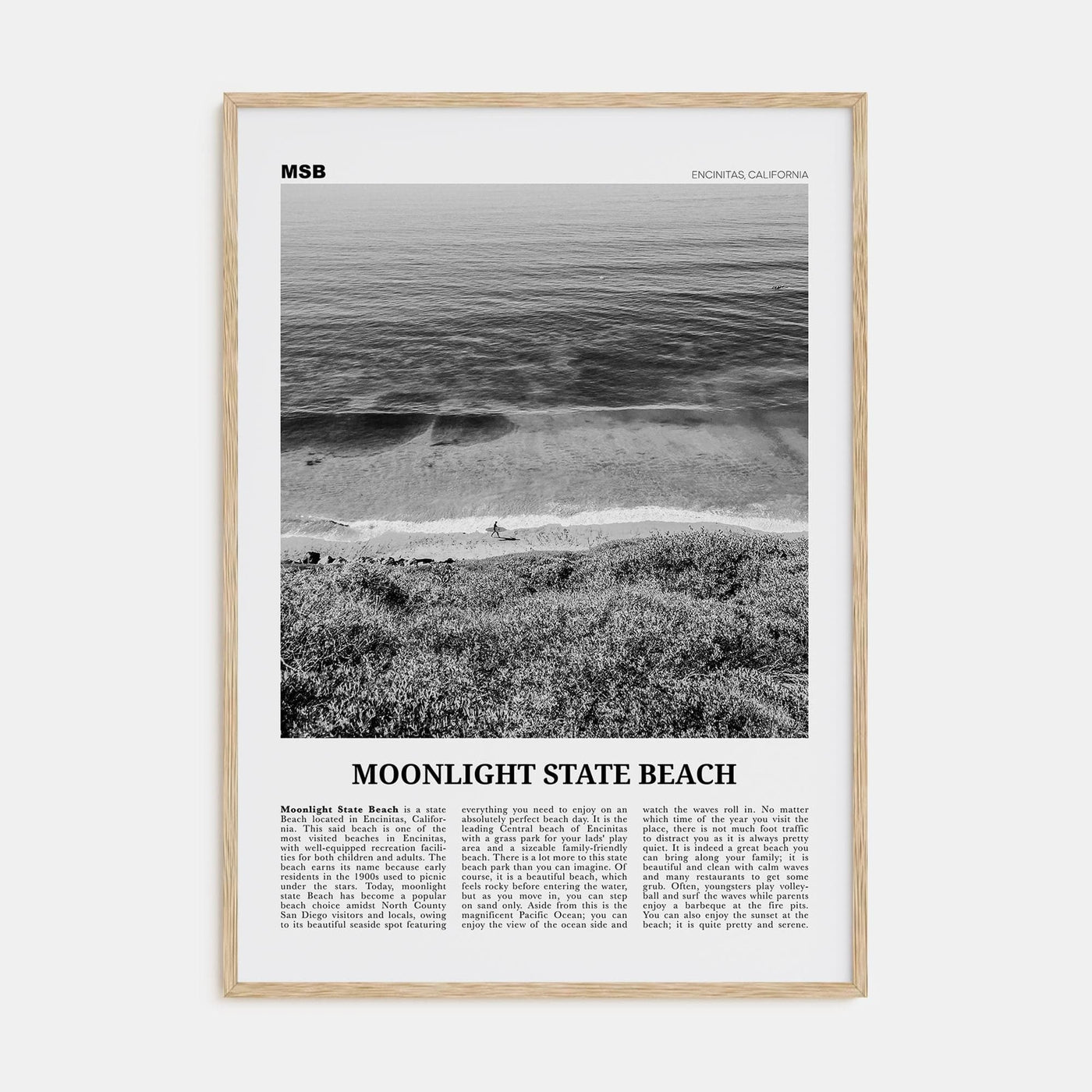 Moonlight State Beach Poster Natural Wood / 8x12 in Nbourhood Travel B&W Poster