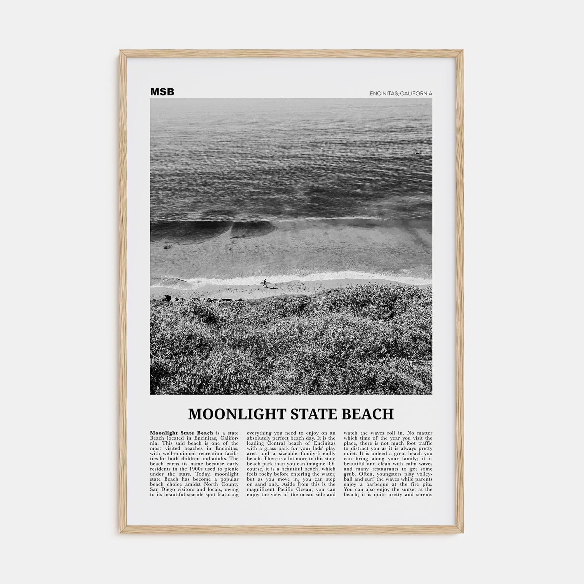 Moonlight State Beach Poster Natural Wood / 8x12 in Nbourhood Travel B&W Poster