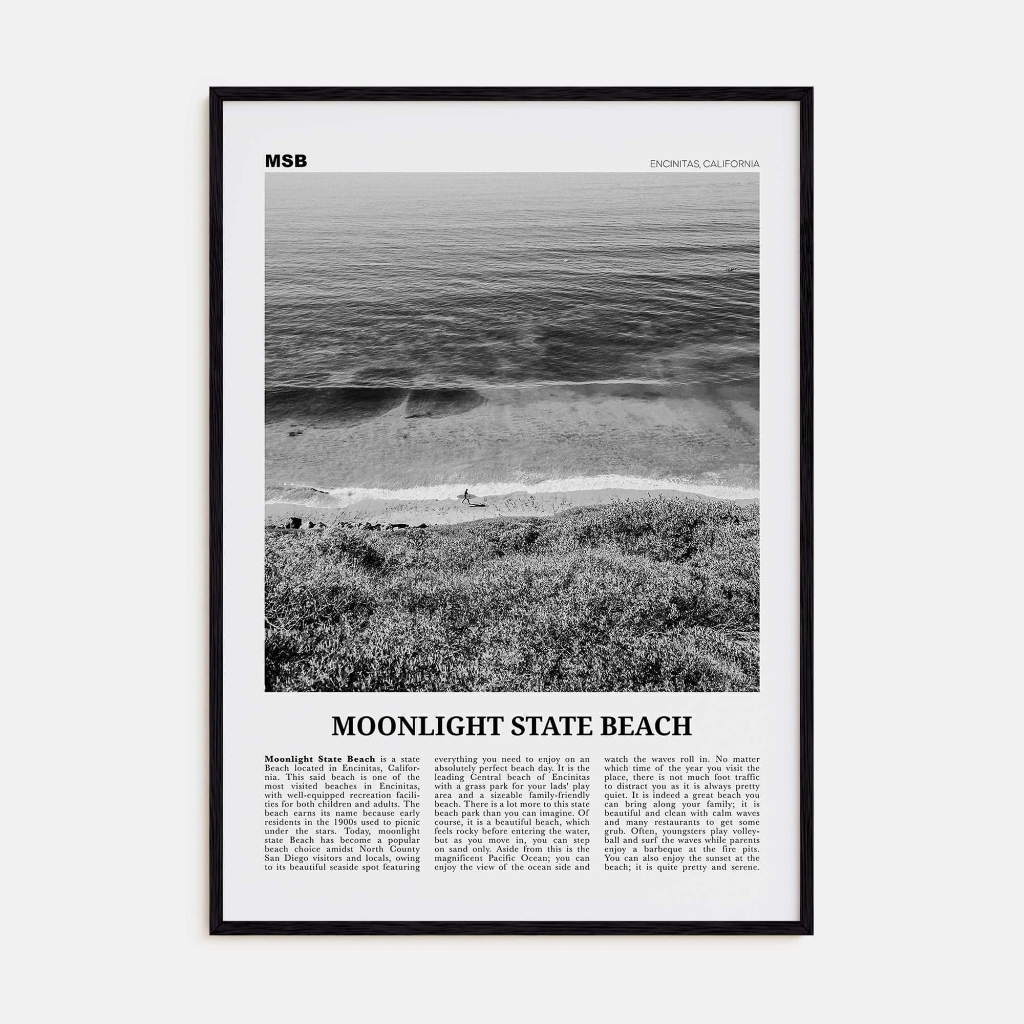 Moonlight State Beach Poster Black Wood / 8x12 in Nbourhood Travel B&W Poster