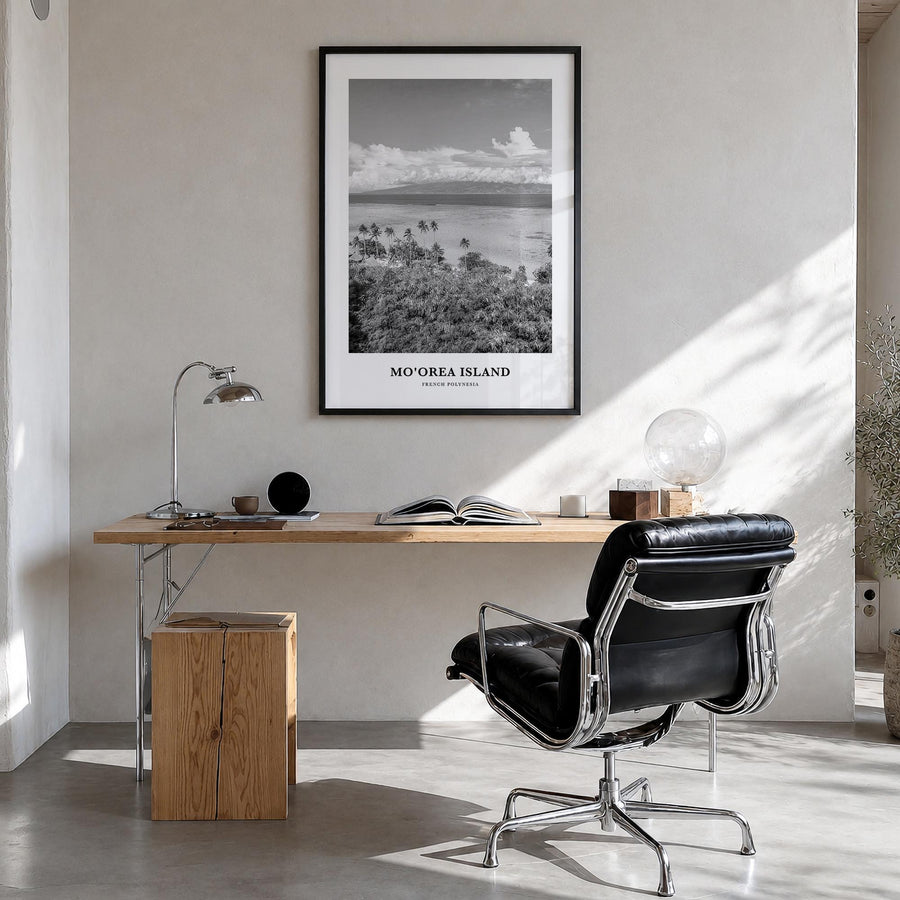 Moorea Island black & white classic poster of French Polynesia – vertical wall art in black wood frame, hanging on wall