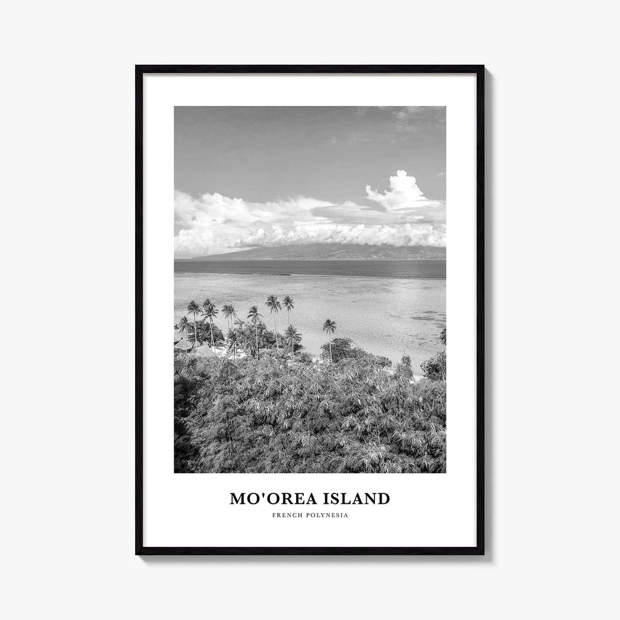 Moorea Island black & white classic poster of French Polynesia – vertical wall art, unframed print shown in interior mockup
