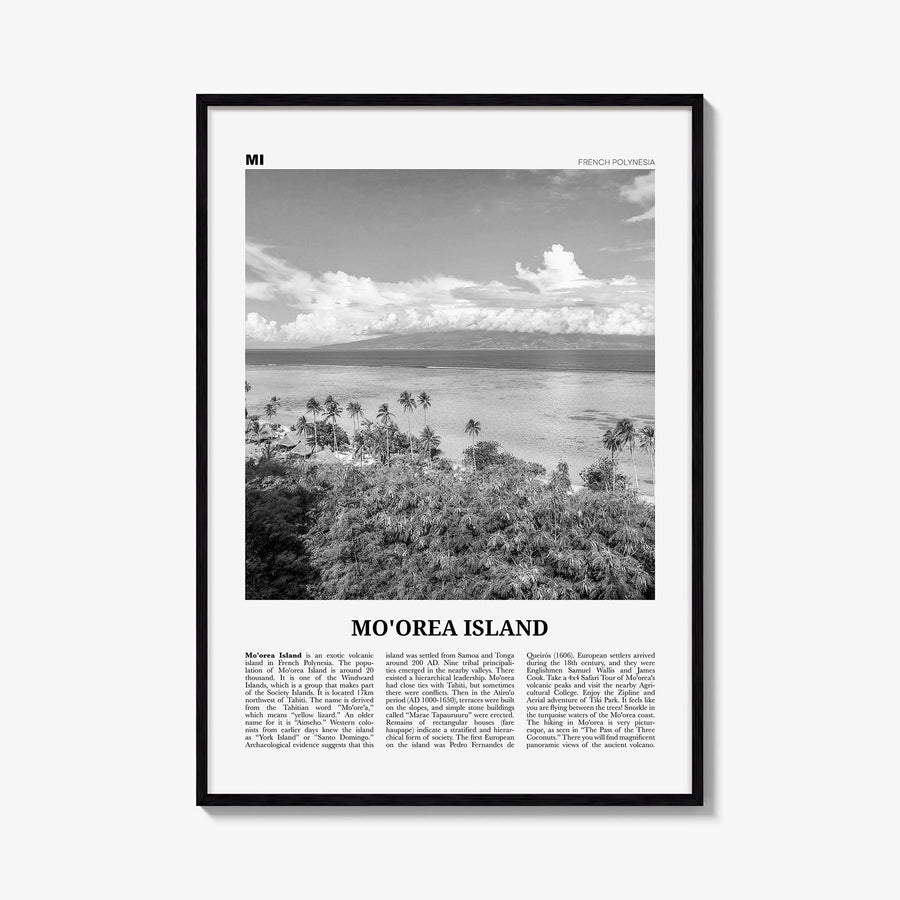Moorea Island black & white newspaper poster of French Polynesia – vertical wall art, unframed print shown in interior mockup