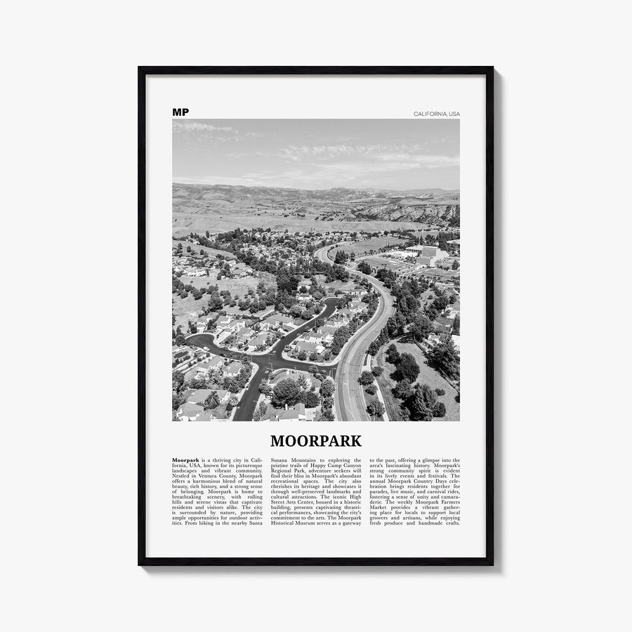 Moorpark black & white newspaper poster of California, USA – vertical wall art, unframed print shown in interior mockup