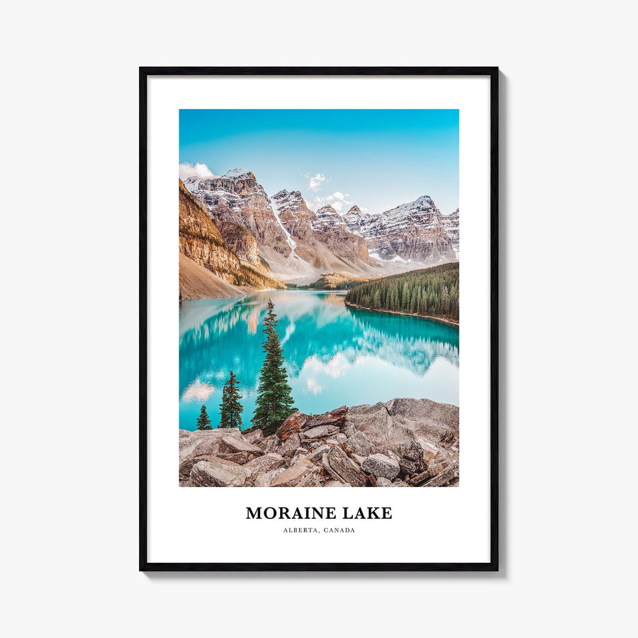 Moraine Lake colorful classic poster of Canada – vertical wall art, unframed print shown in interior mockup