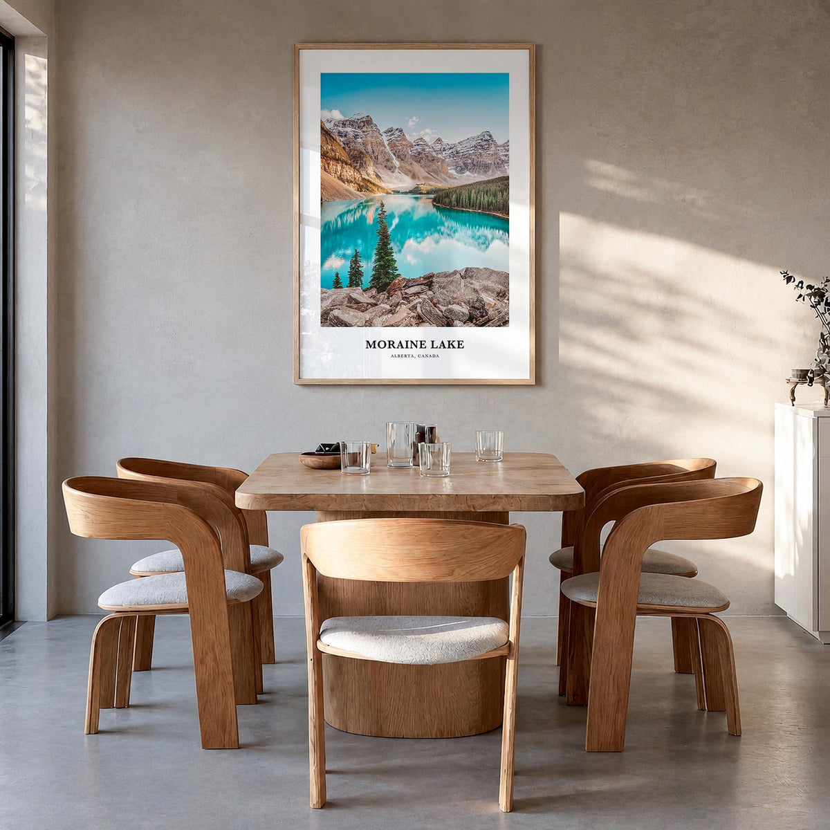 Moraine Lake colorful classic poster of Canada – vertical wall art in natural wood frame, hanging on wall