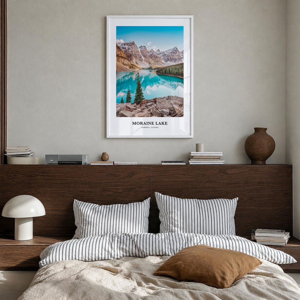 Moraine Lake colorful classic poster of Canada – vertical wall art in white wood frame, hanging on wall
