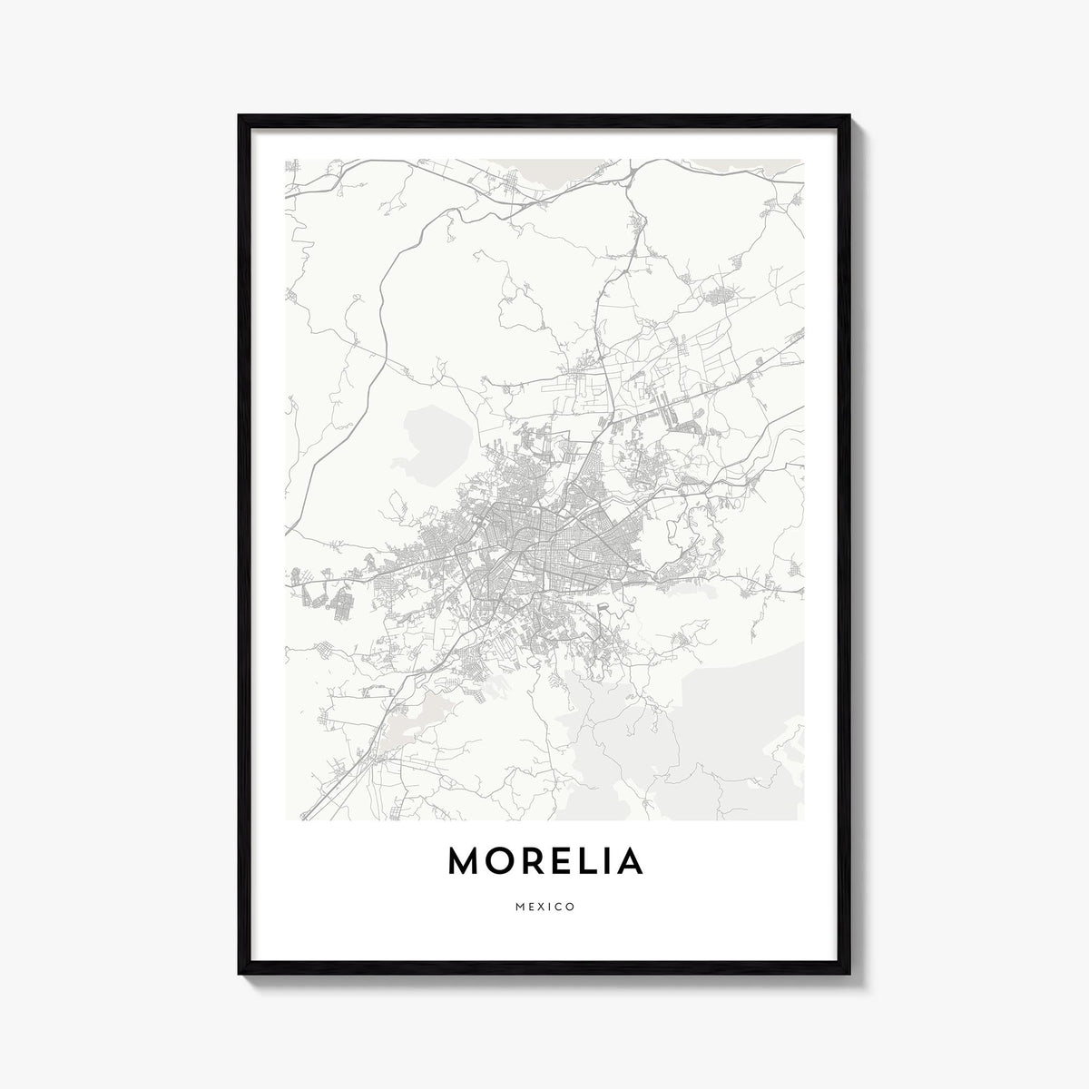 Morelia black & white map poster of Mexico – vertical wall art, unframed print shown in interior mockup