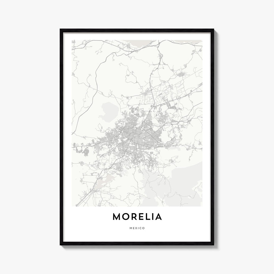 Morelia black & white map poster of Mexico – vertical wall art, unframed print shown in interior mockup