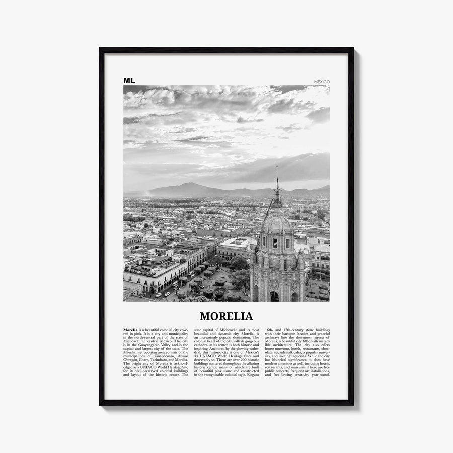 Morelia black & white newspaper poster of Mexico – vertical wall art, unframed print shown in interior mockup