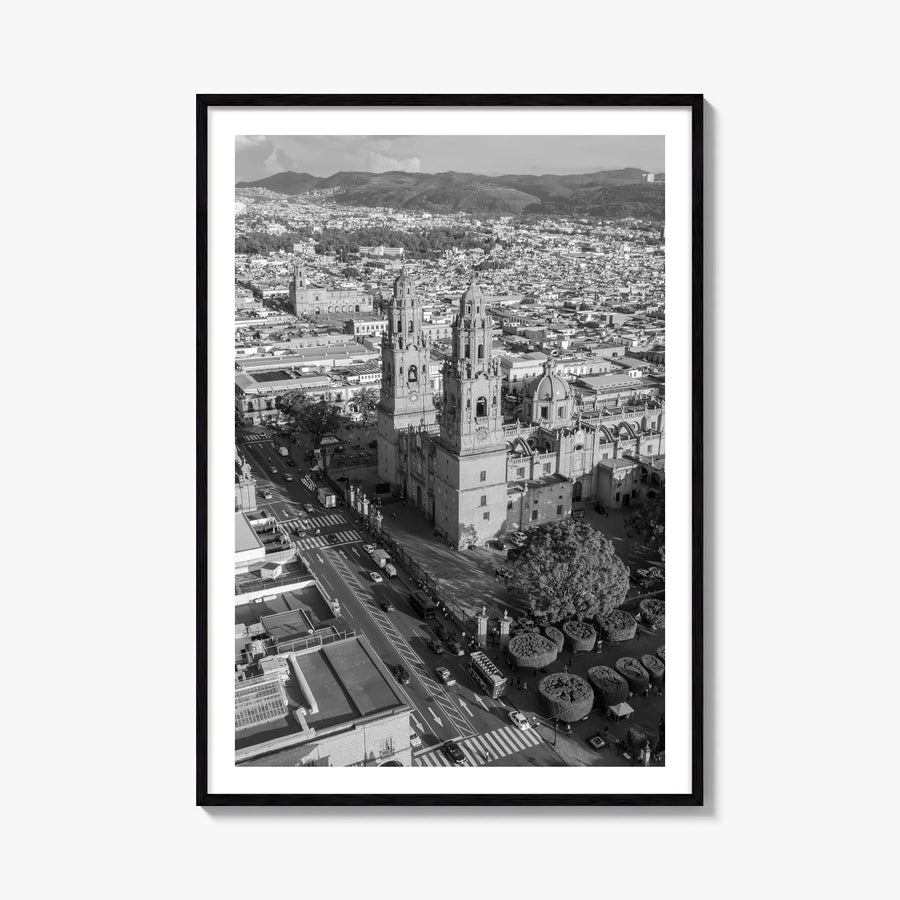 Morelia black & white photo poster of Mexico – vertical wall art, unframed print shown in interior mockup
