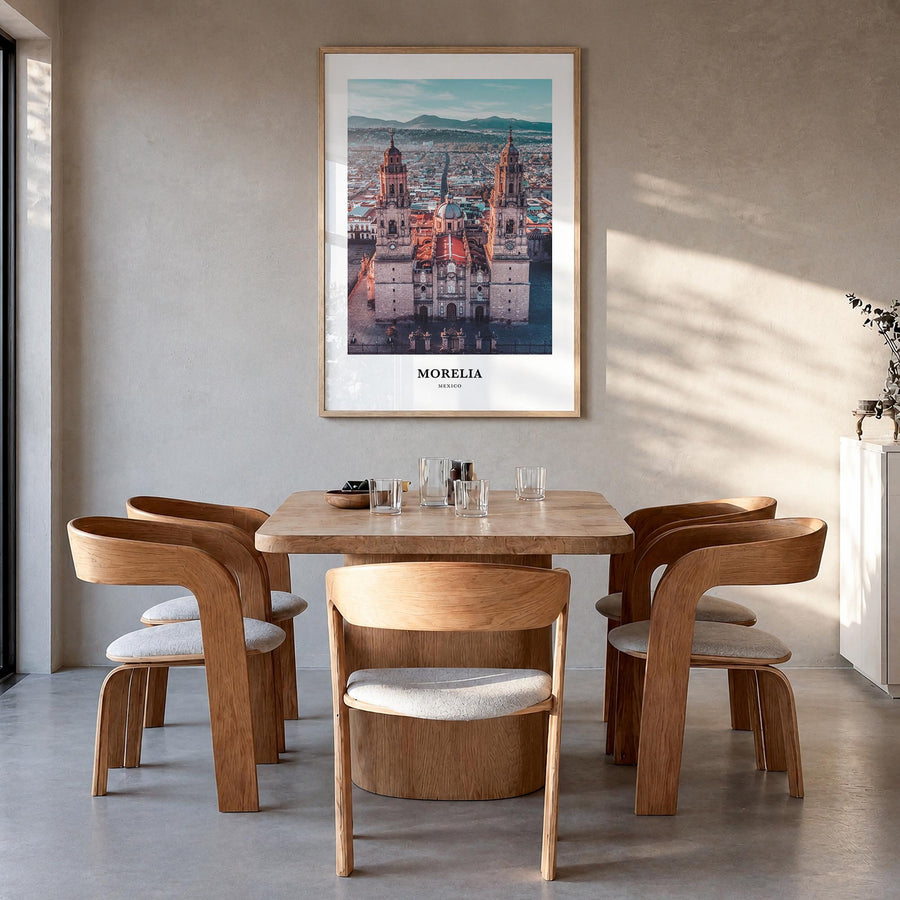 Morelia colorful classic poster of Mexico – vertical wall art in natural wood frame, hanging on wall