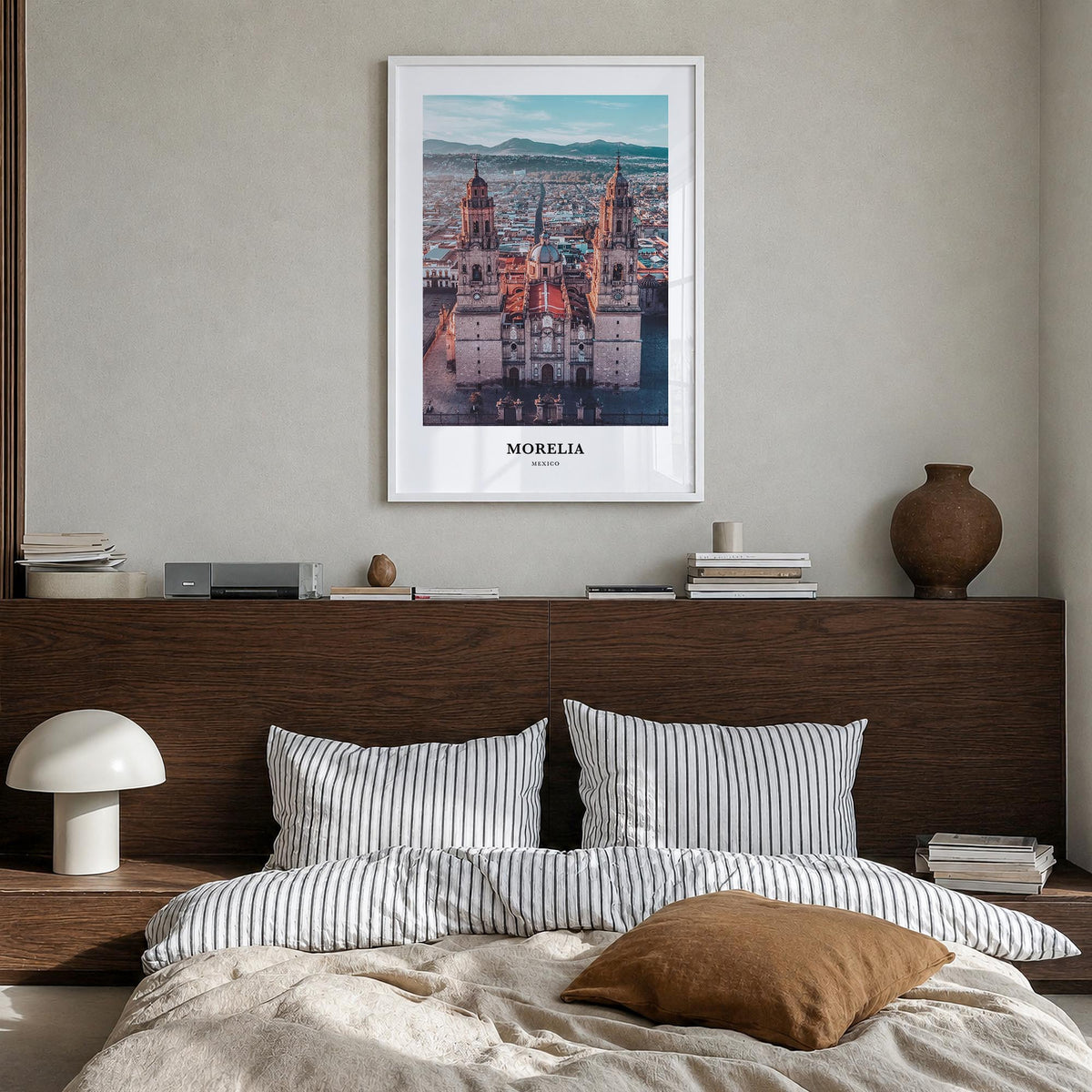 Morelia colorful classic poster of Mexico – vertical wall art in white wood frame, hanging on wall
