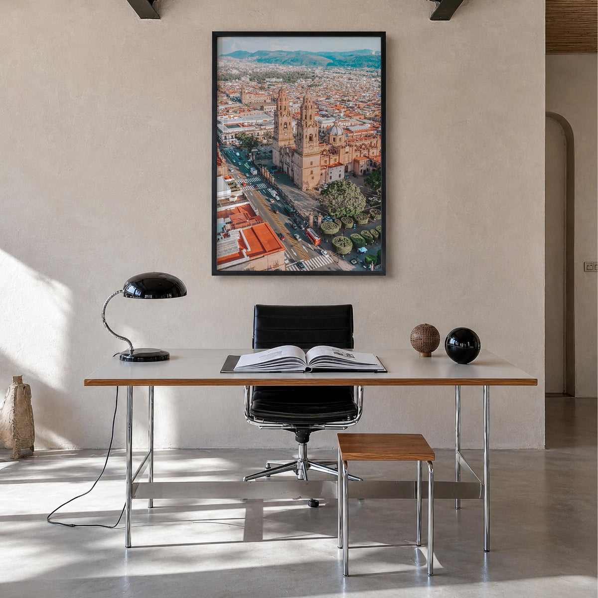 Morelia colorful photo poster of Mexico – vertical wall art in black wood frame, hanging on wall