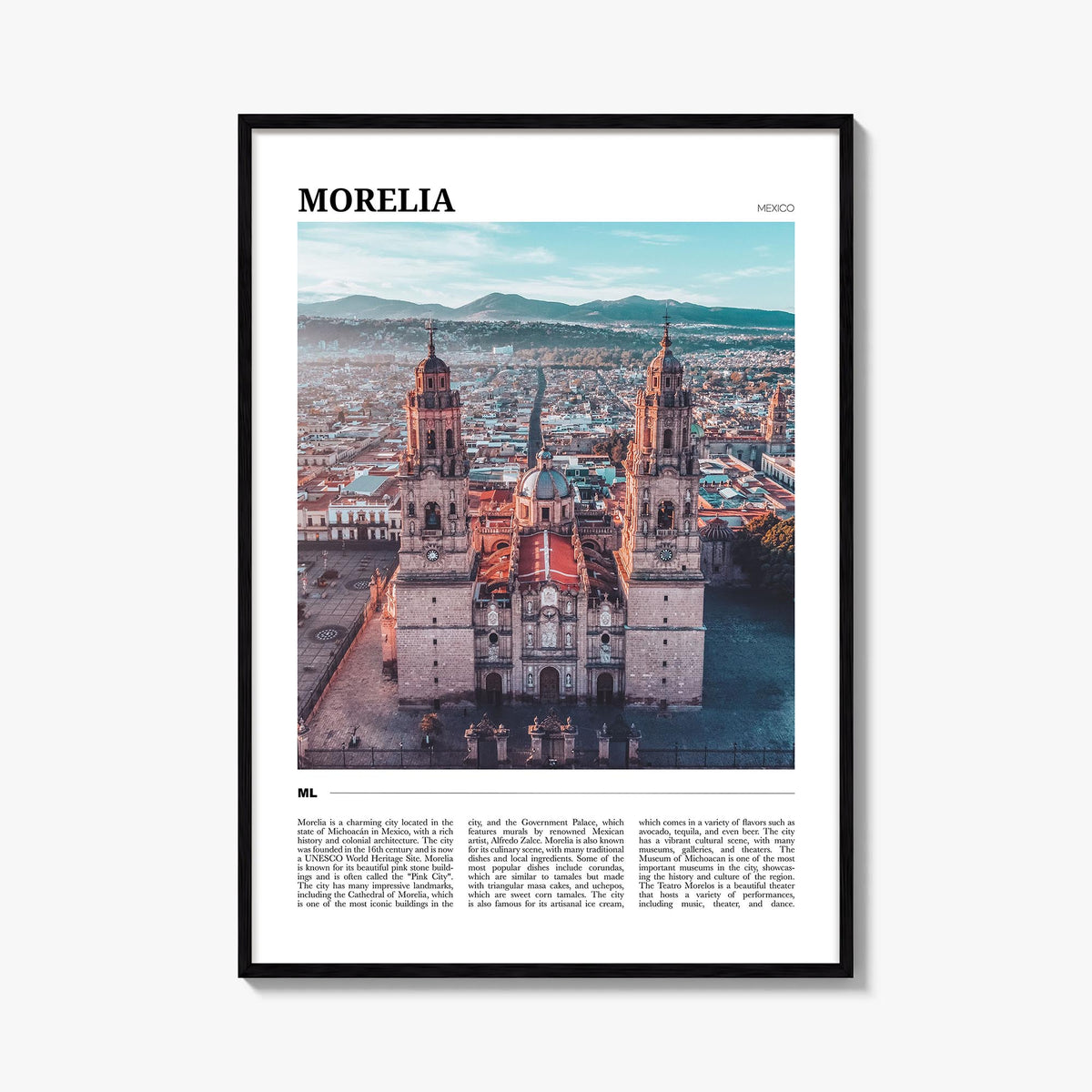 Morelia colorful travel poster of Mexico – vertical wall art, unframed print shown in interior mockup