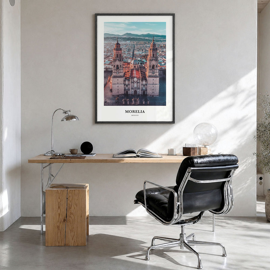 Morelia Classic Poster in a black wood frame, hanging in a bright home office