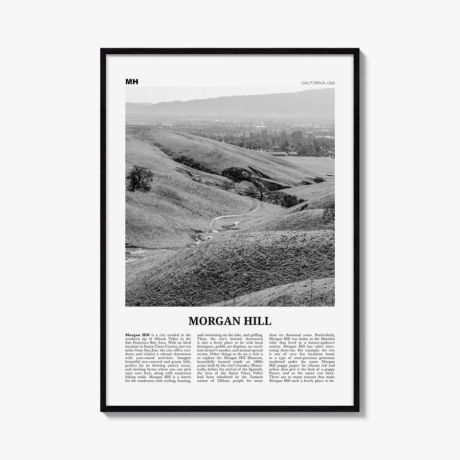 Morgan Hill black & white newspaper poster of California, USA – vertical wall art, unframed print shown in interior mockup