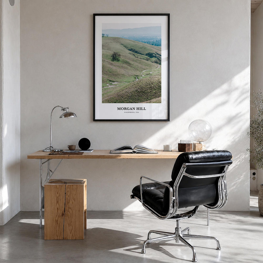 Morgan Hill colorful classic poster of California, USA – vertical wall art in black wood frame, hanging on wall