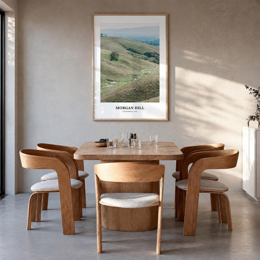 Morgan Hill colorful classic poster of California, USA – vertical wall art in natural wood frame, hanging on wall