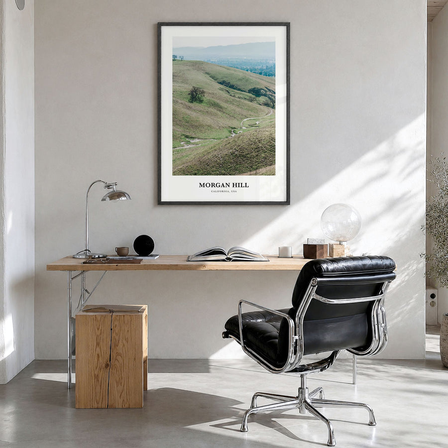 Morgan Hill Classic Poster in a black wood frame, hanging in a bright home office