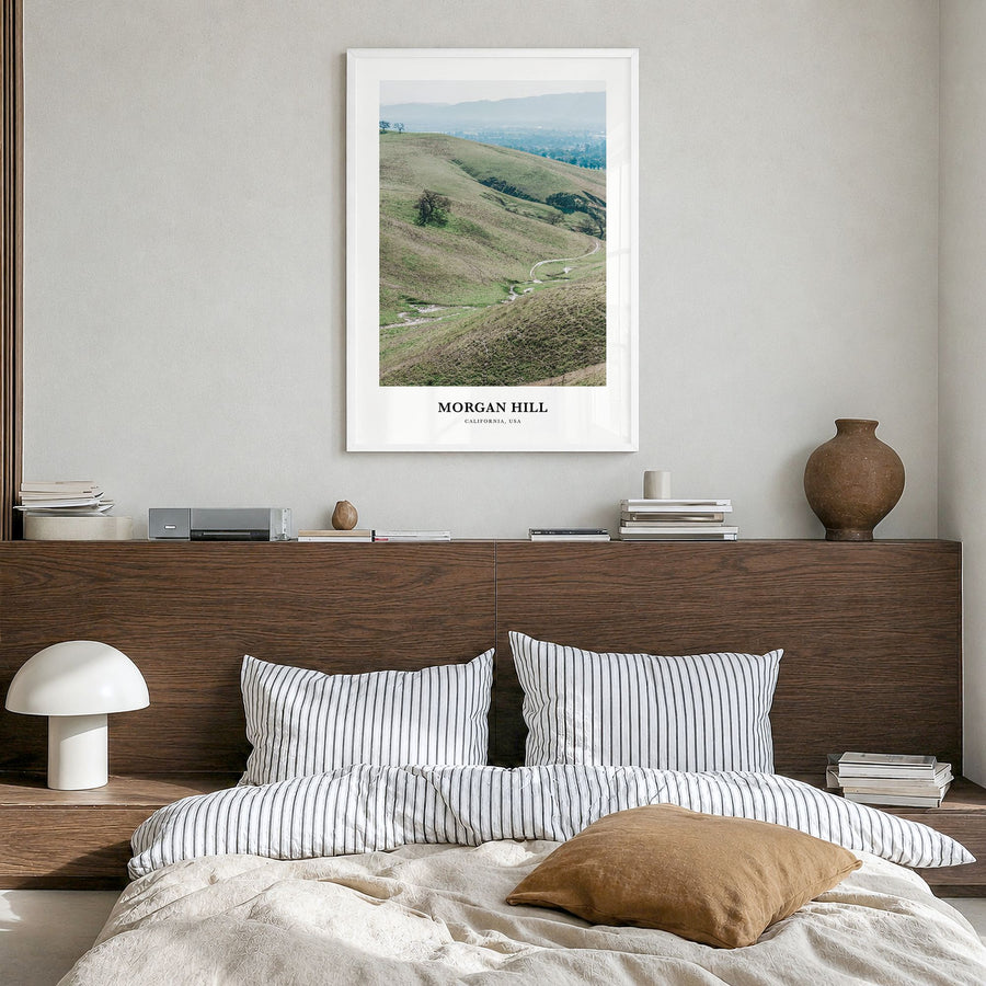 Morgan Hill Classic Poster in a white wood frame, hanging in a bedroom