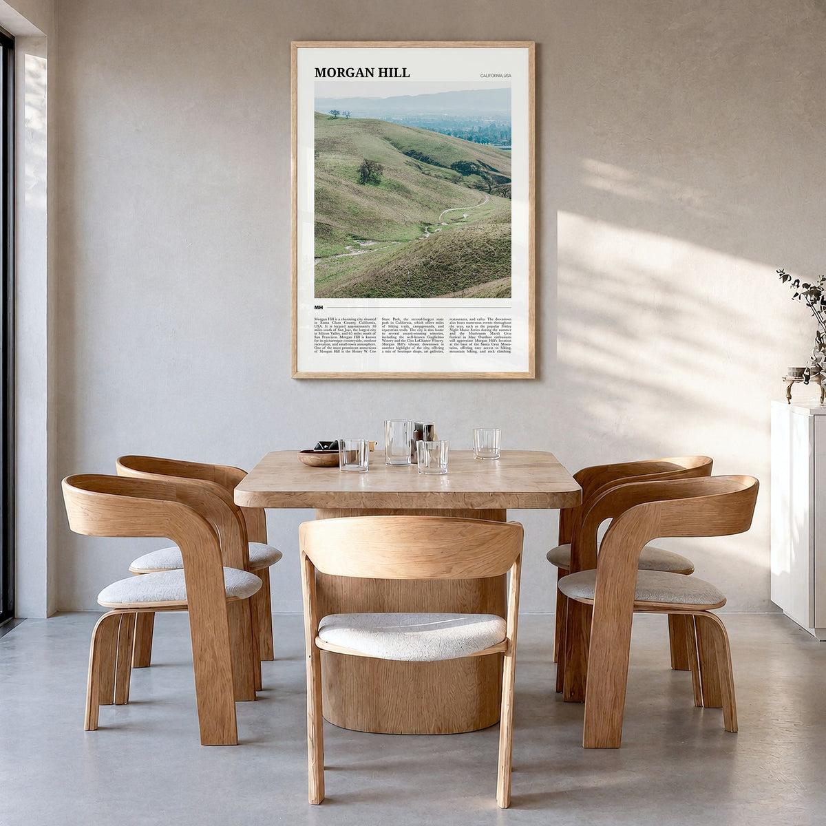Morgan Hill Travel Poster in a natural wood frame, hanging in a dining room