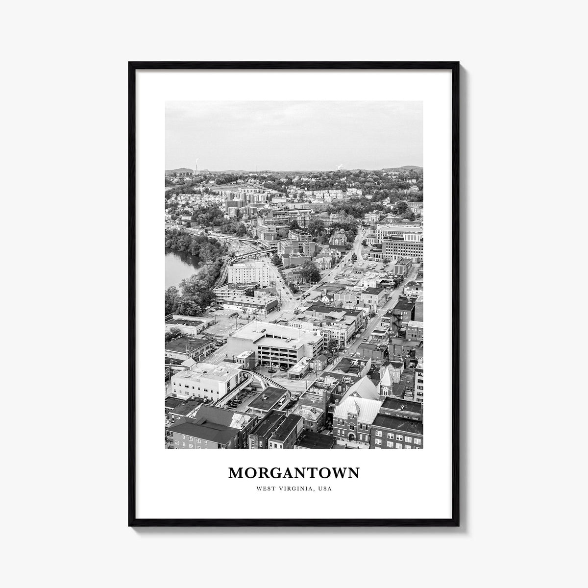 Morgantown black & white classic poster of West Virginia, USA – vertical wall art, unframed print shown in interior mockup